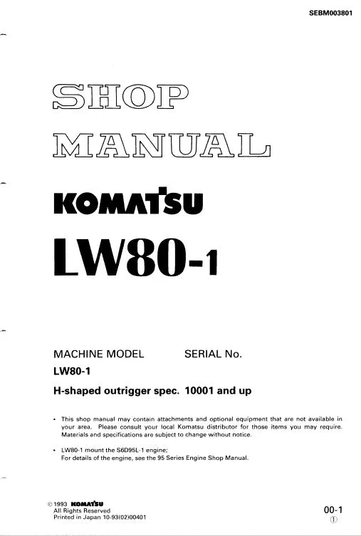 Komatsu LW80-1 Hydraulic Crane Pdf Shop Repair Service Manual Sn 10001 & Up