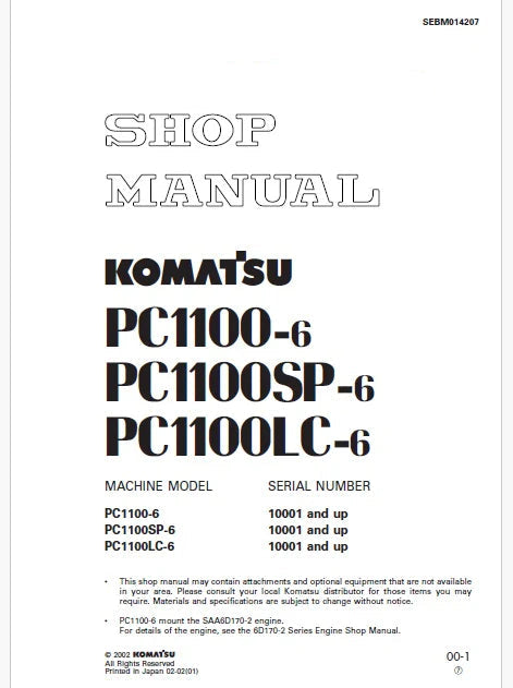 Komatsu PC1100-6, PC1100SP-6, PC1100LC-6 Hydraulic Excavator Pdf Shop Repair Service Manual Sn 10001 and UP