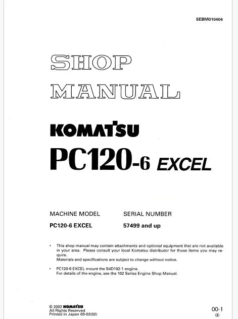 Komatsu PC120-6 Excel Hydraulic Excavator Pdf Shop Repair Service Manual Sn 57499 and UP