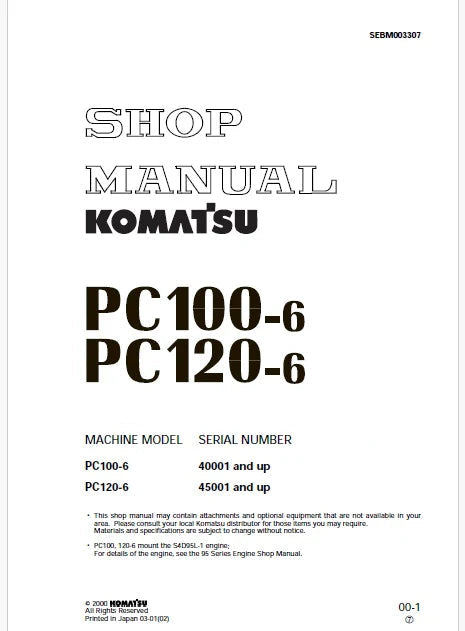 Komatsu PC120-6 Hydraulic Excavator Pdf Shop Repair Service Manual Sn 45001 and UP