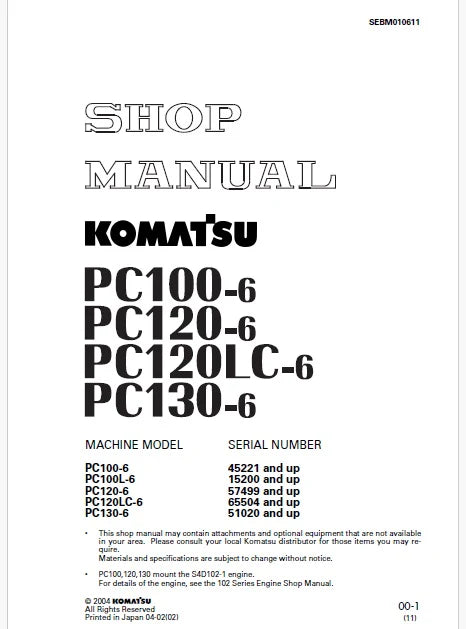 Komatsu PC120-6 Hydraulic Excavator Pdf Shop Repair Service Manual Sn 57499 and UP