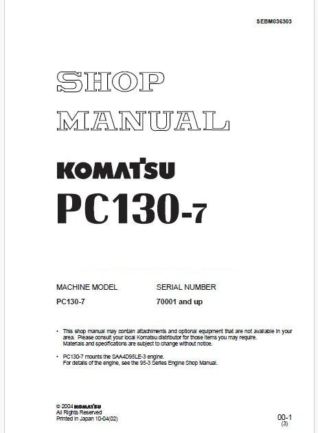 Komatsu PC130-7 Hydraulic Excavator Pdf Shop Repair Service Manual Sn 70001 and UP