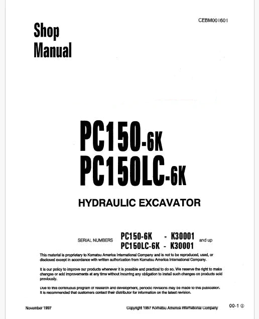 Komatsu PC150-6K, PC150LC-6K Hydraulic Excavator Pdf Shop Repair Service Manual Sn K30001 and UP