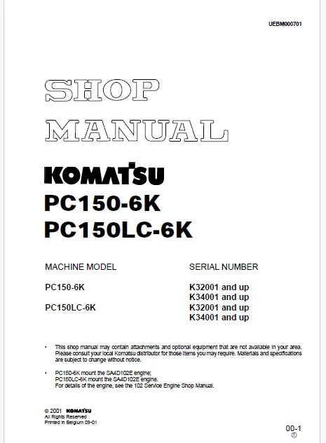 Komatsu PC150-6K, PC150LC-6K Hydraulic Excavator Pdf Shop Repair Service Manual Sn K32001 and UP