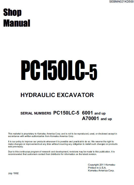 Komatsu PC150LC-5 Crawler Hydraulic Excavator Pdf Repair Service Manual (Sn A70001 And Up)