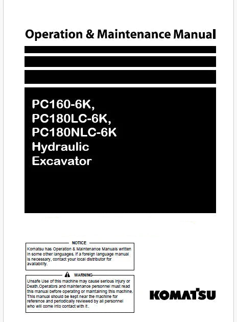 Komatsu PC160-6K, PC180LC-6K, PC180NLC-6K Hydraulic Excavator Pdf Operation and Maintenance Manual