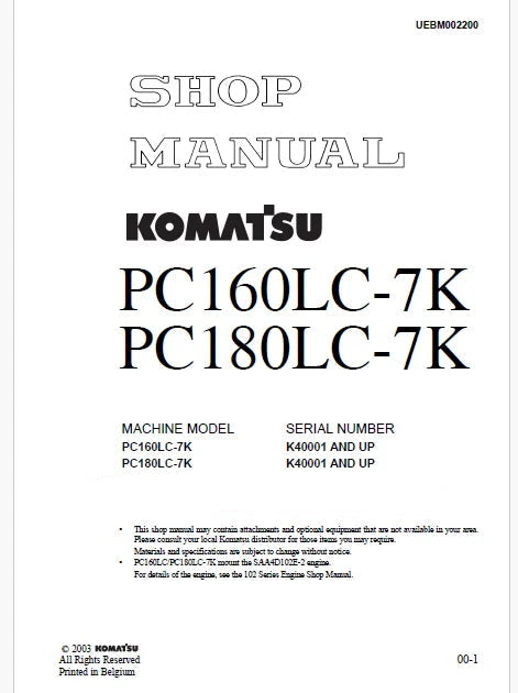 Komatsu PC160LC-7K, PC180LC-7K Hydraulic Excavator Pdf Shop Repair Service Manual Sn K40001 and UP