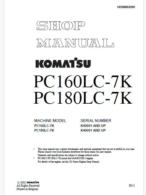 Komatsu PC160LC-7K, PC180LC-7K Hydraulic Excavator Pdf Shop Repair Service Manual Sn K40001 and UP