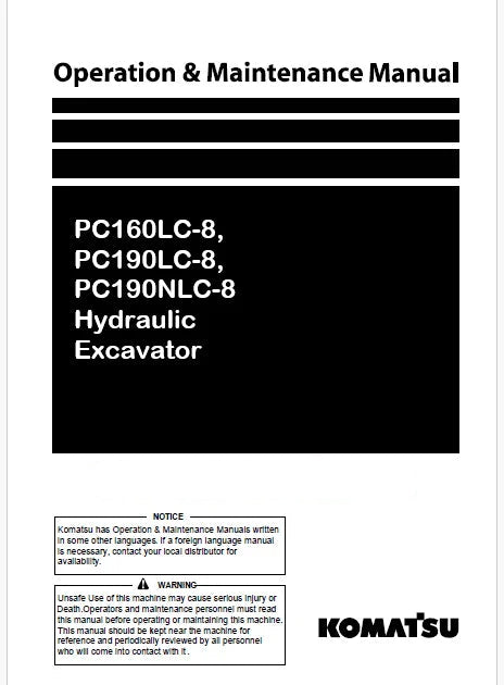 Komatsu PC160LC-8, PC190LC-8, PC190NLC-8 Hydraulic Excavator Pdf Operation and Maintenance Manual