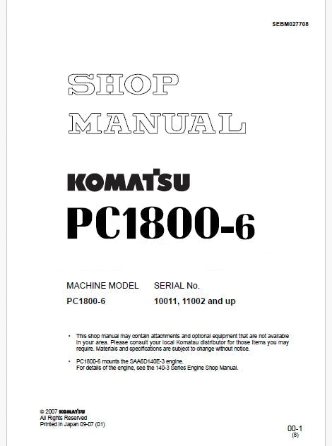 Komatsu PC1800-6 Hydraulic Excavator Pdf Repair Service Manual Sn 11002 and UP