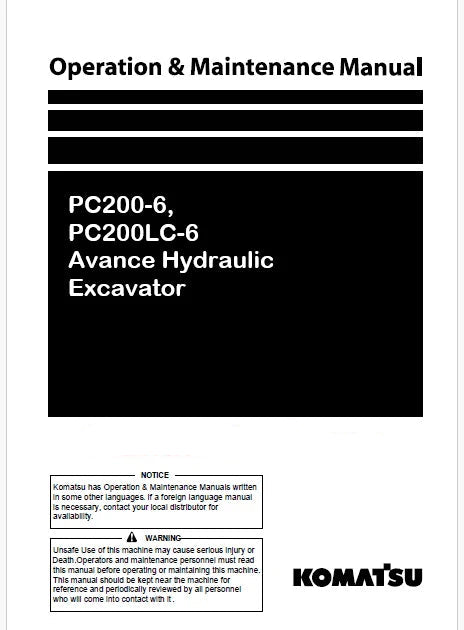 Komatsu PC200-6, PC200LC-6 Avance Hydraulic Excavator Pdf Operation and Maintenance Manual