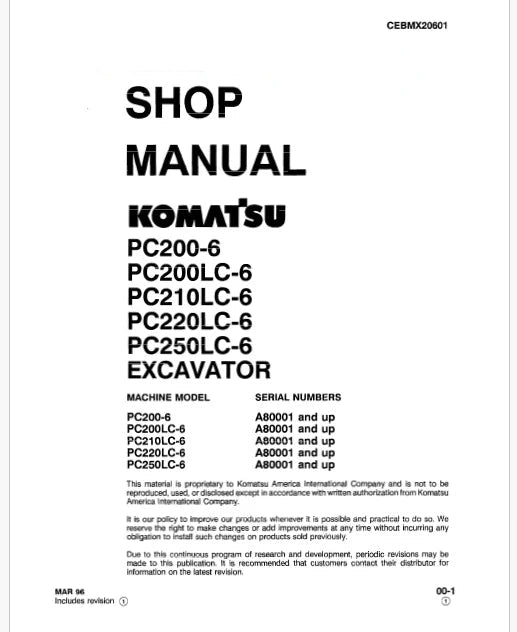 Komatsu PC200-6, PC2OOLC-6, PC21OLC-6, PC22OLC-6, PC25OLC-6 Hydraulic Excavator Pdf Shop Repair Service Manual Sn A80001 and UP