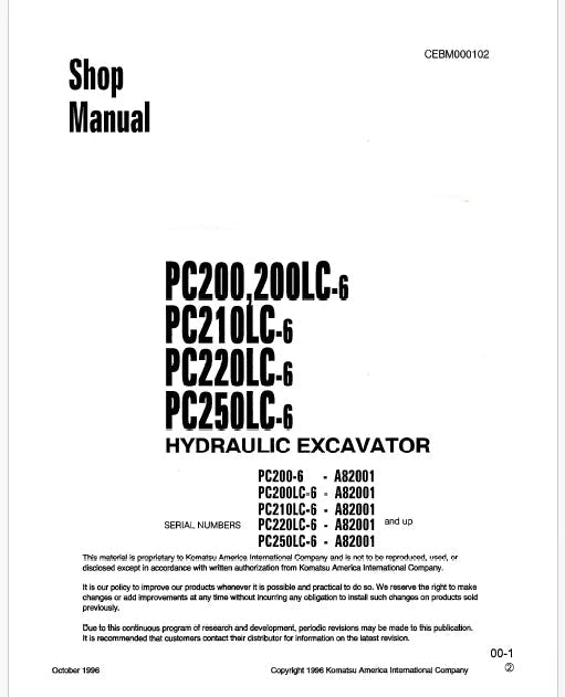 Komatsu PC200-6, PC2OOLC-6, PC21OLC-6, PC22OLC-6, PC25OLC-6 Hydraulic Excavator Pdf Shop Repair Service Manual Sn A82001 and UP