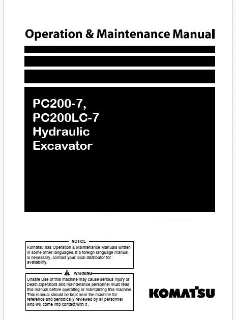 Komatsu PC200-7, PC200LC-7 Hydraulic Excavator Pdf Operation and Maintenance Manual