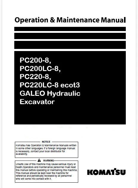 Komatsu PC200-8, PC200LC-8, PC220-8, PC220LC-8 ecot3 GALEO Hydraulic Excavator Pdf Operation and Maintenance Manual