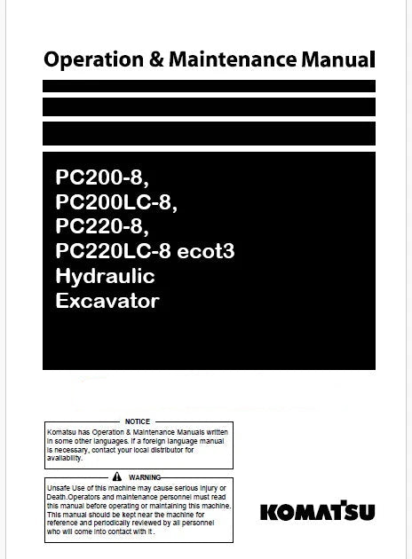 Komatsu PC200-8, PC200LC-8, PC220-8, PC220LC-8 ecot3 Hydraulic Excavator Pdf Operation and Maintenance Manual
