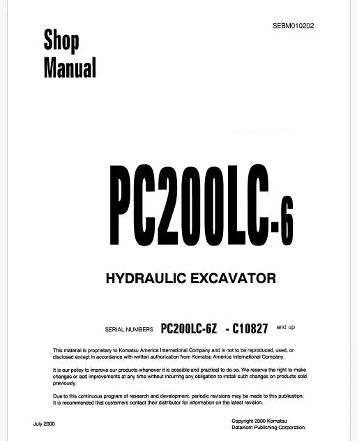 Komatsu PC200LC-6, PC200LC-6Z Hydraulic Excavator Pdf Shop Repair Service Manual Sn C10827 and UP