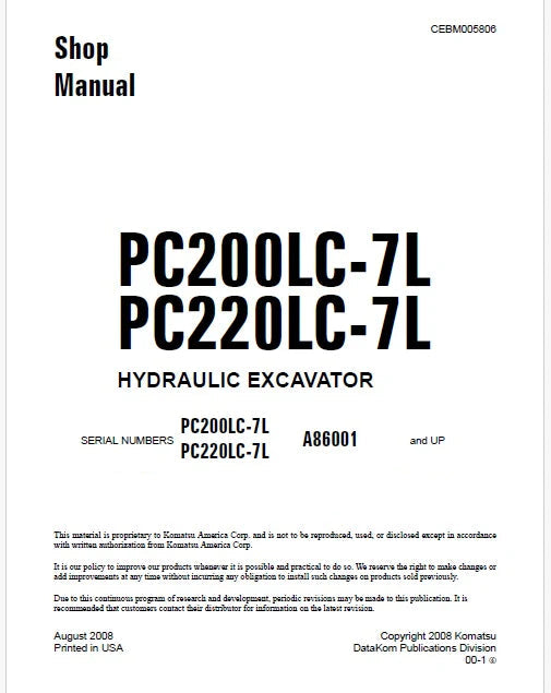 Komatsu PC200LC-7L, PC220LC-7L Hydraulic Excavator Pdf Shop Repair Service Manual Sn A86001 and UP