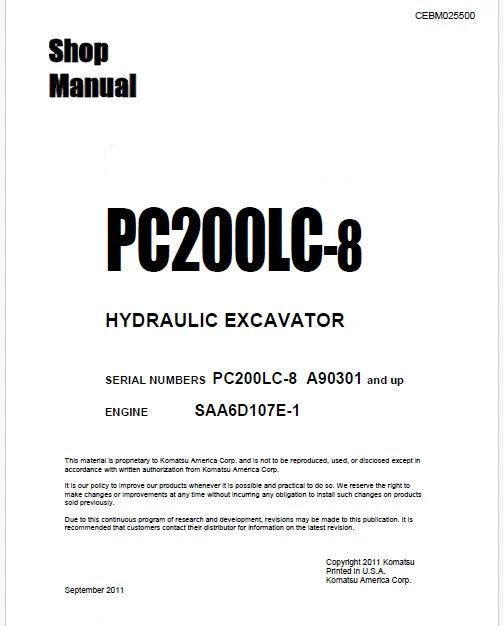 Komatsu PC200LC-8 Hydraulic Excavator Pdf Shop Repair Service Manual Sn A90301 and UP