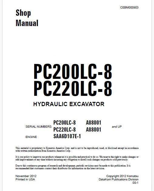 Komatsu PC200LC-8, PC220LC-8 Hydraulic Excavator Pdf Shop Repair Service Manual Sn A88001 and UP