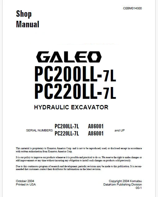 Komatsu PC200LL-7L, PC220LL-7L GALEO Hydraulic Excavator Pdf Shop Repair Service Manual Sn A86001 and UP