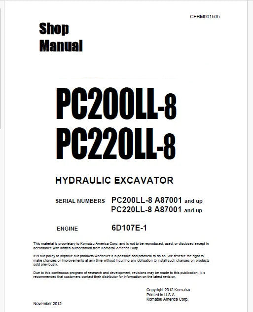 Komatsu PC200LL-8, PC220LL-8 Hydraulic Excavator Pdf Shop Repair Service Manual Sn A87001 and UP