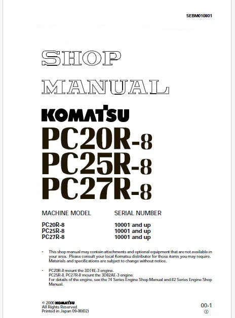 Komatsu PC20R-8, PC25R-8, PC27R-8 Hydraulic Excavator Pdf Repair Service Manual Sn 10001 and UP