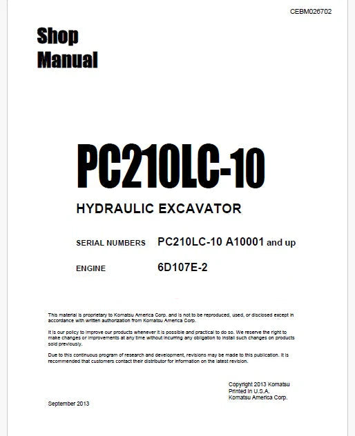 Komatsu PC210LC-10 Hydraulic Excavator Pdf Shop Repair Service Manual Sn A10001 and UP