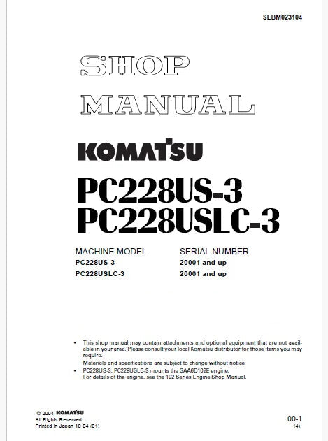 Komatsu PC228US-3, PC228USLC-3 Hydraulic Excavator Pdf Shop Repair Service Manual Sn 20001 and UP