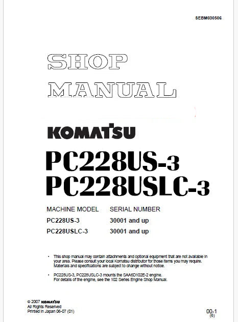 Komatsu PC228US-3, PC228USLC-3 Hydraulic Excavator Pdf Shop Repair Service Manual Sn 30001 and UP