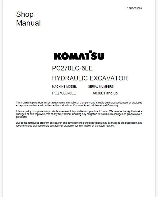 Komatsu PC270LC-6LE Hydraulic Excavator Pdf Shop Repair Service Manual Sn A83001 and UP