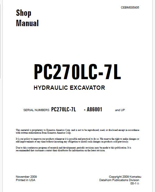 Komatsu PC270LC-7L Hydraulic Excavator Pdf Shop Repair Service Manual Sn A86001 and UP