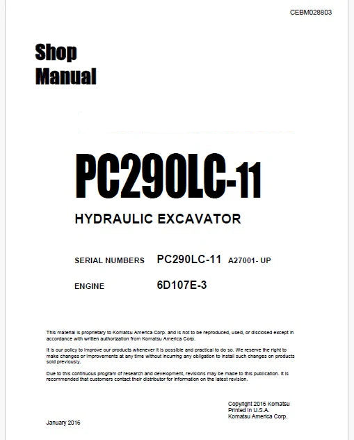 Komatsu PC290LC-11 Hydraulic Excavator Pdf Shop Repair Service Manual Sn A27001 and UP