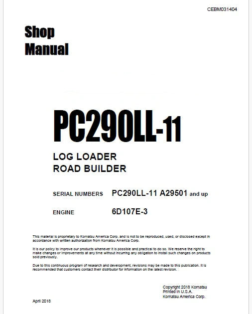 Komatsu PC290LL-11 Log Loader Road Builder Pdf Shop Repair Service Manual Sn A29501 and UP