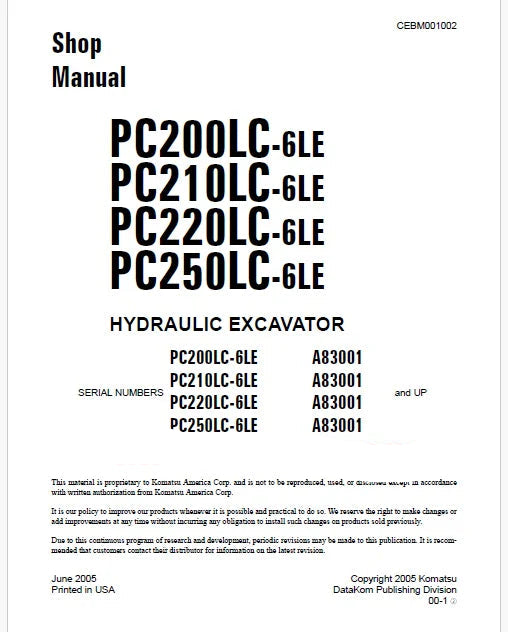 Komatsu PC2OOLC-6LE, PC21OLC-6LE, PC22OLC-6LE, PC25OLC-6LE Hydraulic Excavator Pdf Shop Repair Service Manual Sn A83001 and UP