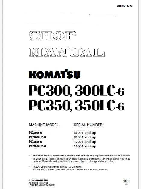Komatsu PC300-6, PC300LC-6 Hydraulic Excavator Pdf Shop Repair Service Manual Sn 33001 and UP