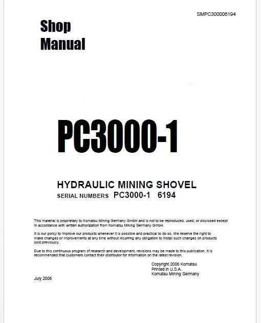 Komatsu PC3000-1 Hydraulic Mining Shovel Pdf Repair Service Manual Sn 6194
