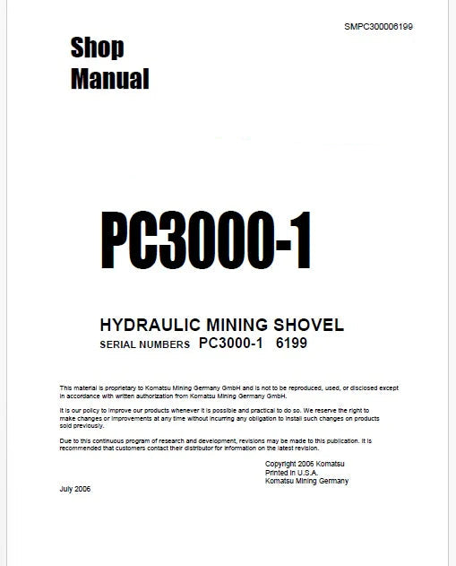 Komatsu PC3000-1 Hydraulic Mining Shovel Pdf Repair Service Manual Sn 6199