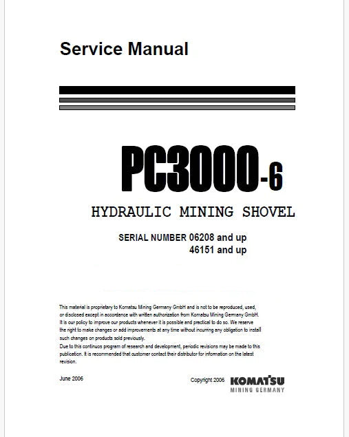 Komatsu PC3000-6 Hydraulic Mining Shovel Pdf Repair Service Manual Sn 06208 and UP