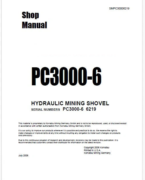 Komatsu PC3000-6 Hydraulic Mining Shovel Pdf Repair Service Manual Sn 6219