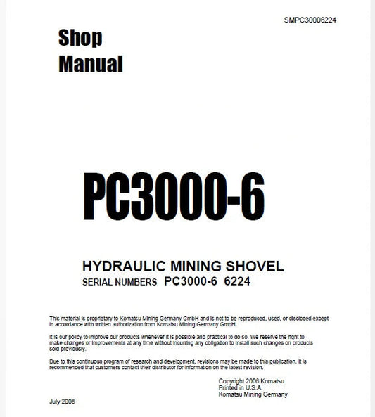Komatsu PC3000-6 Hydraulic Mining Shovel Pdf Repair Service Manual Sn 6224