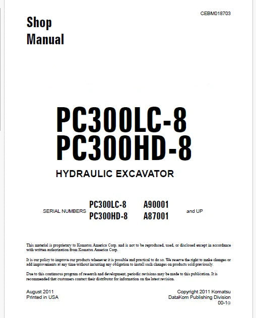 Komatsu PC300HD-8 Hydraulic Excavator Pdf Shop Repair Service Manual Sn A87001 and UP