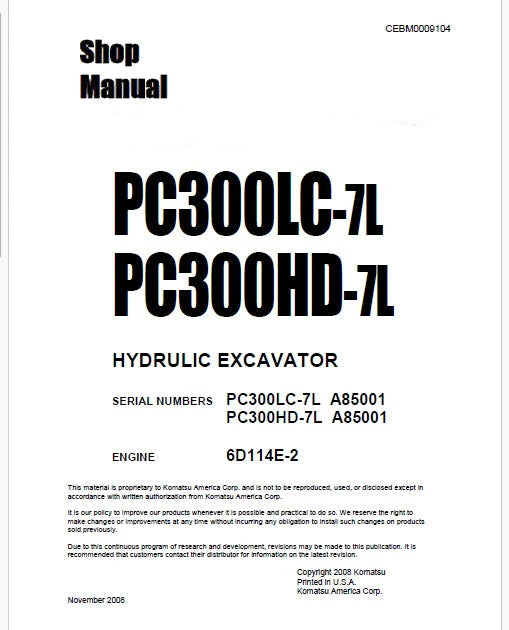 Komatsu PC300LC-7L, PC300HD-7L Hydraulic Excavator Pdf Shop Repair Service Manual Sn A85001 and UP