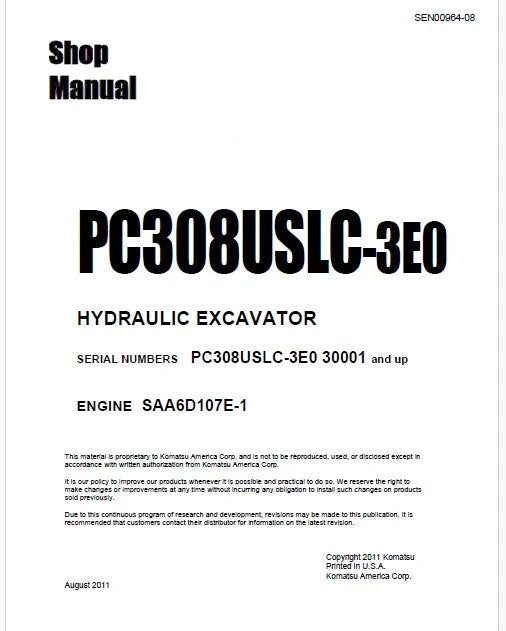 Komatsu PC308USLC-3E0 Hydraulic Excavator Pdf Shop Repair Service Manual Sn 30001 and UP