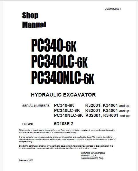 Komatsu PC340-6K, PC340LC-6K, PC340NLC-6K Hydraulic Excavator Pdf Shop Repair Service Manual Sn K34001 and UP