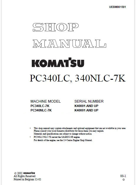 Komatsu PC340LC-7K, PC340NLC-7K Hydraulic Excavator Pdf Shop Repair Service Manual Sn K40001 and UP