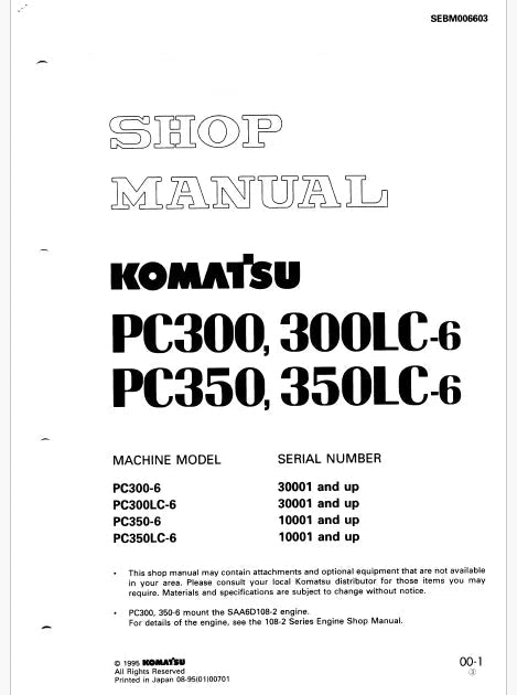 Komatsu PC350-6, PC350LC-6 Hydraulic Excavator Pdf Shop Repair Service Manual Sn 10001 and UP