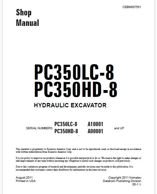 Komatsu PC350LC-8 Hydraulic Excavator Pdf Shop Repair Service Manual Sn A10001 and UP