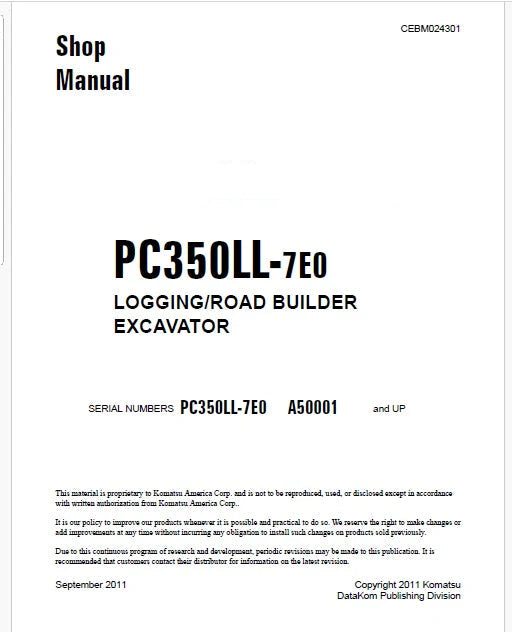 Komatsu PC350LL-7E0 Logging/Road Builder Excavator Pdf Shop Repair Service Manual Sn A50001 and UP