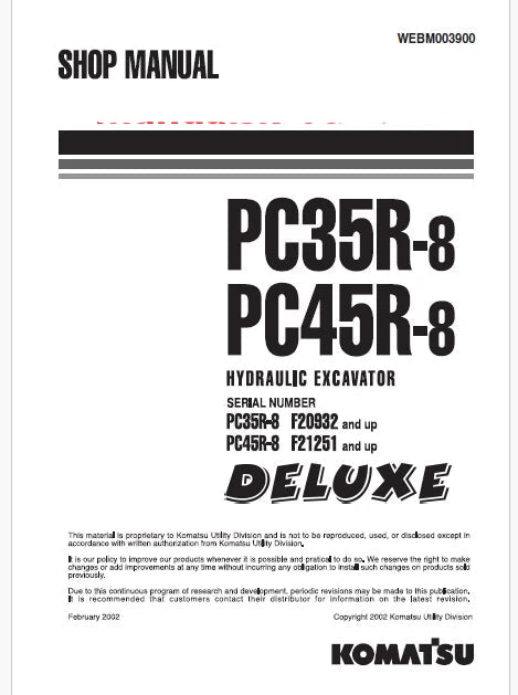 Komatsu PC35R-8 Deluxe Hydraulic Excavator Pdf Repair Service Manual Sn F20932 and UP